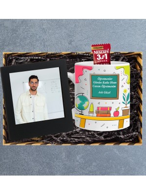 Öğretmenler Gününe Özel Ad Soyad Tasarımlı Kupa Bardak Masa Üstü Siyah Çerçeve Set