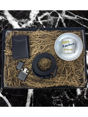 Kişiye Özel Sarı Lacivert Taraftar Tasarımlı Türk Kahve Fincanı Mekanizmalı Cüzdan Kemer Çakmak Özel Hediye Seti