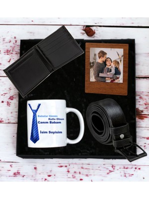 Kişiyeözel Canım Babam Tasarımlı Kupa Bardak Erkek  Cüzdan Kemer  Ahşap Mdf Kahverengi Çerçeve (Siyah-Mavi)