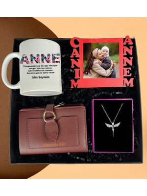Anneler Gününe Özel Canım Annem Çerçeve Cüzdan Melek Kolye ve Çiçekli Anne Tasarımlı Kupa Bardak