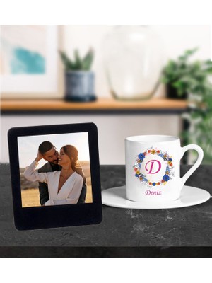 Kişiye Özel Isim Tasarımlı Türk Kahve Fincanı ve Resimli Siyah Çerçeve