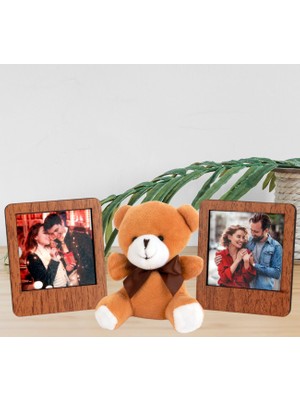 Kişiye Özel Çift Çerçeve ve Oturan Peluş Anahtarlık Ayıcık