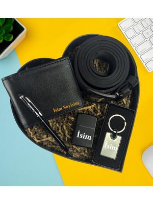 Kişiye Özel Premium Kalp Kutu Cüzdan Kemer Metal Lüx Anahtarlık Metal Çakmak Touch Pen Metal Kalem Hediye Set