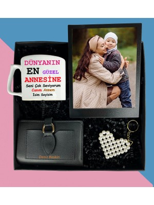Anneler Gününe Özel Fotoğraflı Siyah Masaüstü Çerçeve Çay ve Nescafe Fincanı Bayan Cüzdan Inci Anahtarlık