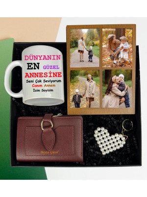 Anneler Gününe Özel 4 Fotoğraflı Kolaj Masaüstü Çerçeve Inci Anahtarlık Isim Soyisim Yazılı Bayan Cüzdan ve Kupa Bardak Set