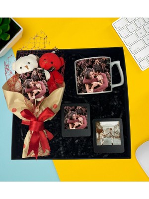 Kalp Kutu Fotoğraflı Resimli Ayıcık Buketi Resimli Çay ve Nescafe Fincanı Ahşap Siyah Masaüstü Çerçeve