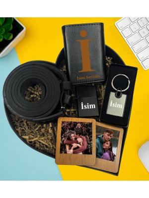 Kişiye Özel Premium Kalp Kutu Mekanizmalı Cüzdan Kemer Metal Lüx Anahtarlık Zippo Metal Çakmak Ikili Ahşap Kahverengi Mdf Masaüstü Çerçeve Hediye Set