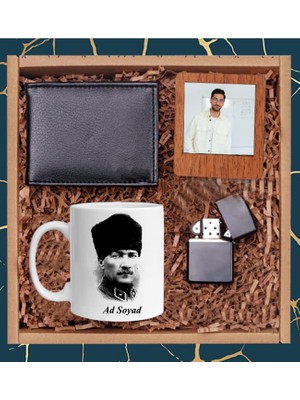 Öğretmenler Gününe Özel Cüzdan Çakmak Ahşap Çerçeve ve Beyaz Kupa Hediye Set