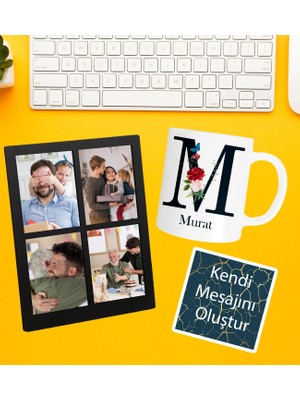 Kişiye Özel Baş Harf Isim Soyisim Beyaz Kupa 4 Fotoğraflı Siyah Çerçeve ve Kendi Mesajını Oluştur Kart Seti