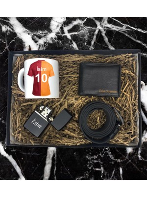 Kişiye Özel Premium Sarı Kırmızı Taraftar Forma Tasarımlı Kupa Bardak Cüzdan Kemer Çakmak Özel Hediye Seti