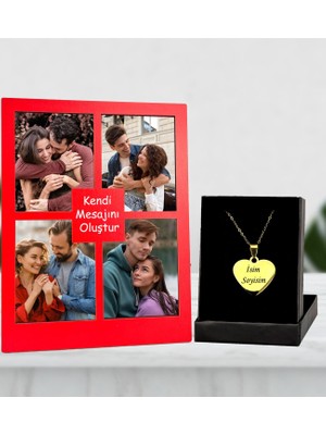 Kişiye Özel 4 Fotoğraflı Kırmızı Renk Masaüstü Çerçeve ve Altın Kaplama Kalp Canım Annem Yazılı Kolye