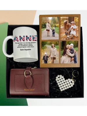 Anneler Gününe Özel 4 Fotoğraflı Kolaj Masaüstü Çerçeve Inci Anahtarlık Isim Soyisim Yazılı Bayan Cüzdan ve Kupa Bardak Set