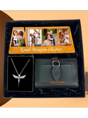 Kişiye Özel Premium Bayan Cüzdan 4 Fotoğraflı Anne Çerçeve Gümüş Kaplama Melek Kolye
