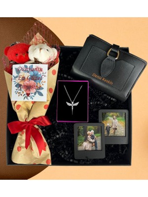 Kişiye Özel Premium Peluş Ayıcık Buketi Bayan Cüzdan Siyah Çerçeve Melek Kolye