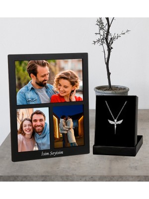 Kişiye Özel Premium 3 Fotoğraflı Kolaj Ahşap Masaüstü Çerçeve ve Melek Kolye Set
