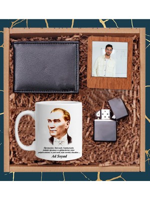 Öğretmenler Gününe Özel Cüzdan Çakmak Ahşap Çerçeve ve Beyaz Kupa Hediye Set