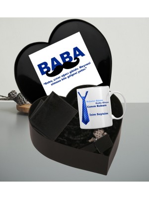Babalar Gününe Özel Baba Tasarımlı Kupa Bardak Erkek Cüzdan Kemer Çakmak Kalp Kutu (Siyah)