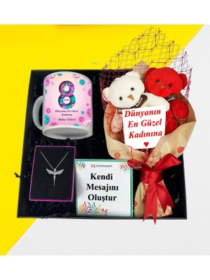 Kadınlar Gününe Özel Ayıcık Buketi Kupa Bardak Melek Kolye Hediye Seti