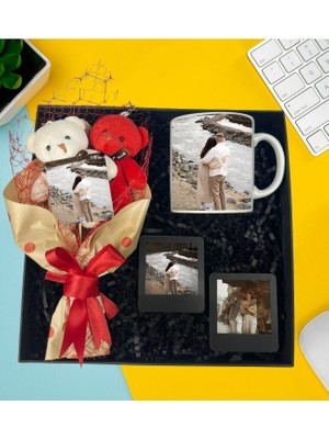 Kişiye Özel Premium Fotoğraflı Ayıcık Buketi Kupa Bardak Ikili Siyah Masaüstü Çerçeve