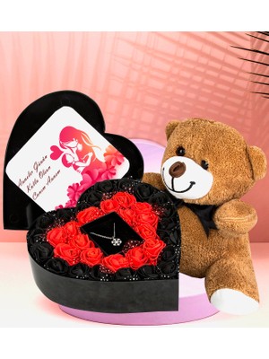 Anneler Gününe Özel Kalp Kutu Tasarımlı New Kalp Kutu Çiçek Sevimli Peluş Ayıcık ve Kolye
