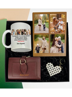 Anneler Gününe Özel 4 Fotoğraflı Kolaj Masaüstü Çerçeve Inci Anahtarlık Isim Soyisim Yazılı Bayan Cüzdan ve Kupa Bardak Set