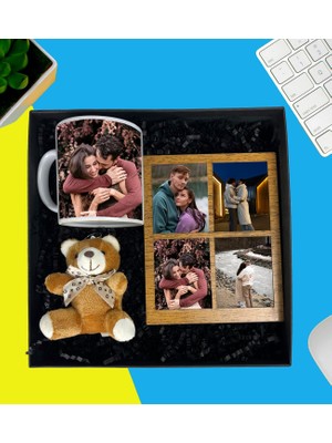 Kişiye Özel Premium Kutu Fotoğraflı Kupa Bardak Peluş Ayıcık Anahatarlık Dört Resimli Ahşap Kolaj Masaüstü Fotoğraf Çerçeve