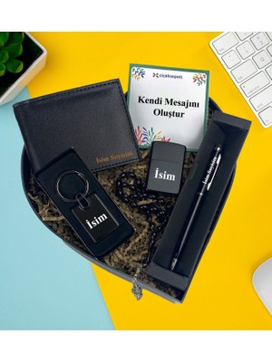 Kişiye Özel Premium Kalp Kutu Erkek Cüzdan Zippo Cakmak Metal Lüx Anahtarlık Tesbihtouch Pen Kalem Erkek Hediye Set
