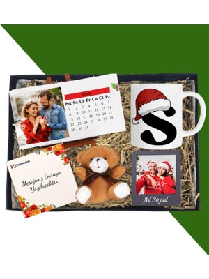 Kişiye Özel Yatay Masaüstü Her Ay Için Özel 12 Fotoğraflı Masa Takvim ve Kupa Bardak Peluş Ayıcık Siyah Çerçeve