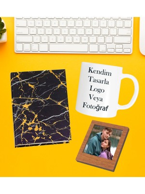 Kişiye Özel Baş Harf Isim Soyisim Beyaz Kupa Fotoğraflı Çerçeve ve Yaldızlı Desenli Defter Set