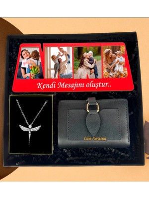 Kişiye Özel Premium Bayan Cüzdan 4 Fotoğraflı Anne Çerçeve Gümüş Kaplama Melek Kolye