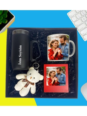 Kişiye Özel Premium Kutu Kulplu Termos Bardak Fotoğraflı Kupa Bardak Peluş Ayıcık Anahtarlık Masaüstü Kırmızı Çerçeve