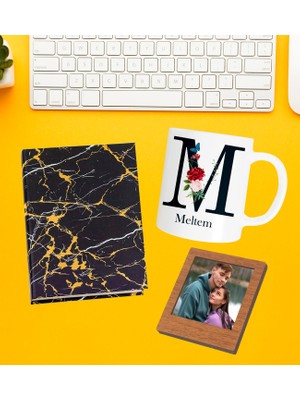 Kişiye Özel Baş Harf Isim Soyisim Beyaz Kupa Fotoğraflı Çerçeve ve Yaldızlı Desenli Defter Set