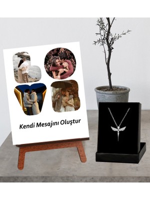Kişiye Özel Masaüstü 4 Fotoğraflı  Anı Fotoğrafı Love Kendi Mesajını Oluştur Tasarımlı Şövale ve Melek Figürlü Kolye
