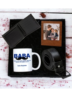 Kişiyeözel Canım Babam Tasarımlı Kupa Bardak Erkek  Cüzdan Kemer  Ahşap Mdf Kahverengi Çerçeve (Siyah-Siyah)