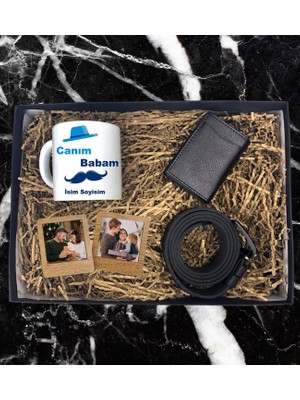 Kişiye Özel Baba Tasarımlı Kupa Bardak Erkek  Mekanizmalı Cüzdan Kemer 2'li Ahşap Mdf Kahverengi Çerçeve Özel Hediye Seti (Siyah-Mavi)