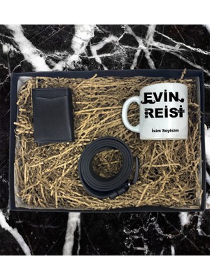 Kişiye Özel Evin Reisi Babam Tasarımlı Kupa Bardak Mekanizmalı Cüzdan Kemer Özel Hediye Seti