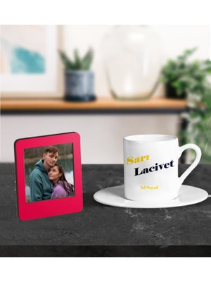 Kişiye Özel Sarı Lacivert Taraftar Tasarımlı Türk Kahve Fincanı ve Resimli Kırmızı Çerçeve