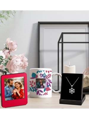 Kişiye Özel Resimli Fotoğraf Tasarımlı Kupa ve Resimli Kırmızı Çerçeve ve Kartanesi Figürlü Kolye