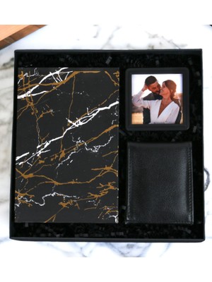 Kişiye Özel Mermer Desenli Defter & Siyah Erkek Cüzdan Siyah Fotoğraflı Çerçeve Özel Erkek Hediye Seti (Siyah-Sarı)