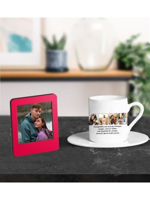 Kişiye Özel Fotoğraflı Anne Tasarımlı Türk Kahve Fincanı ve Resimli Kırmızı Çerçeve