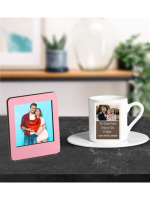 Kişiye Özel Canım Babam Isim Ay Tasarımlı Türk Kahve Fincanı ve Resimli Pembe Çerçeve