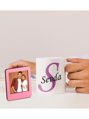 Kişiye Özel Isim Tasarımlı Kupa ve Resimli Pudra Pembe Çerçeve