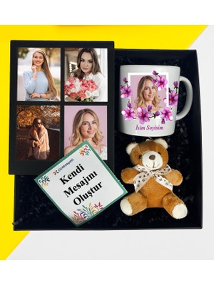 Kişiye Özel Fotoğraflı Kupa Bardak Peluş Ayıcık Anahatarlık Dört Resimli Ahşap Kahve Kolaj Masaüstü Fotoğraf Çerçeve