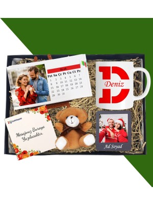 Kişiye Özel Yatay Masaüstü Her Ay Için Özel 12 Fotoğraflı Masa Takvim ve Kupa Bardak Peluş Ayıcık Siyah Çerçeve