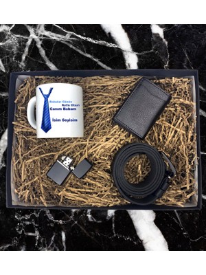 Babalar Gününe Özel Babam Tasarımlı Kupa Bardak Mekanizmalı Cüzdan Kemer Çakmak Özel Hediye Seti