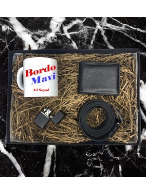 Bordo Mavi Taraftar Isim Soyisim Tasarımlı Kupa Bardak Cüzdan Kemer Çakmak Özel Hediye Seti