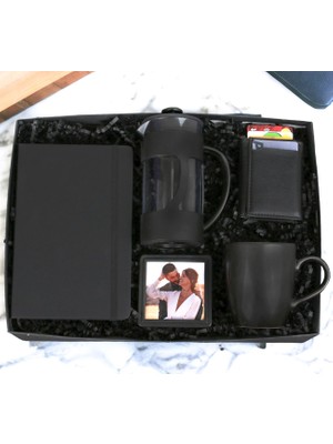 Kişiye Özel Hediye Seti Defter & Kupa Bardak Siyah French Press Çerçeve ve Erkek Cüzdan (Siyah)