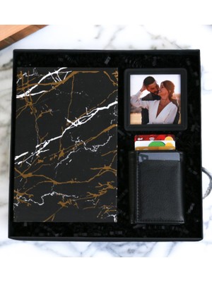 Kişiye Özel Mermer Desenli Defter & Siyah Erkek Mekanizmalı Cüzdan Fotoğraflı Çerçeve Erkek Set (Siyah-Sarı)