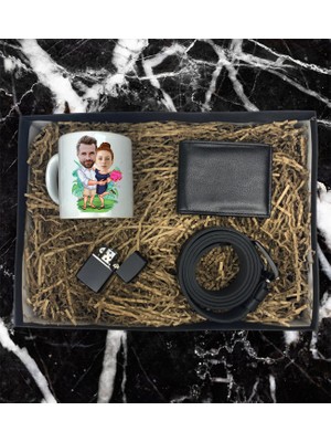 Kişiye Özel Sevgili Çift Karikatür Tasarımlı Kupa Bardak Cüzdan Kemer Çakmak Özel Hediye Seti