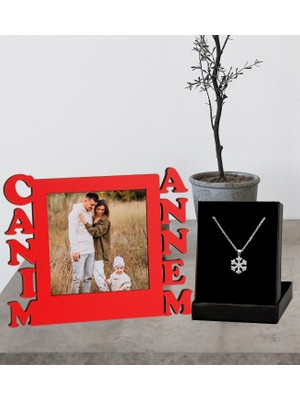 Annelere Özel Canım Annem Tasarımlı Fotoğraflı Kırmızı Çerçeve ve Kartanesi Kolye Set